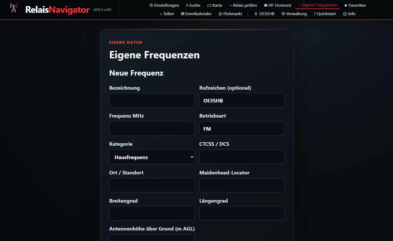 Verwaltung eigener Frequenzen im RelaisNavigator