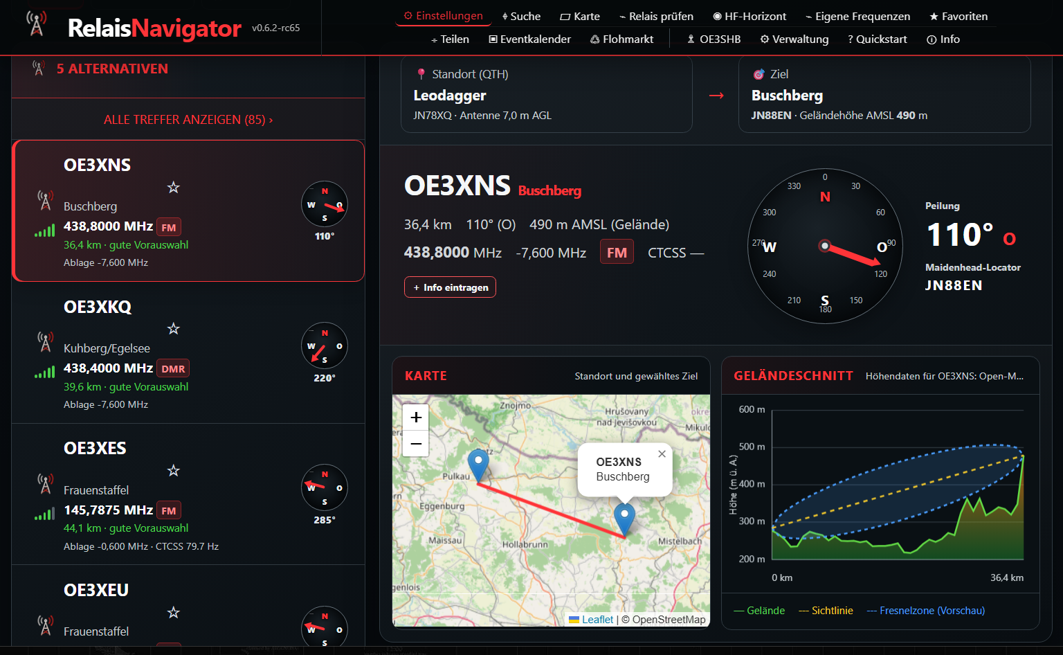 RelaisNavigator Suchergebnis mit Karte und Geländeschnitt